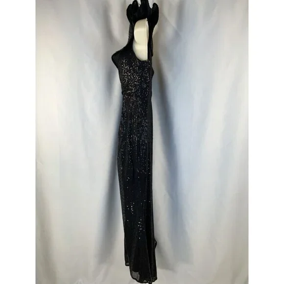 JVN by Jovani Black Sequin One Shoulder Ruffle Formal Gown $410